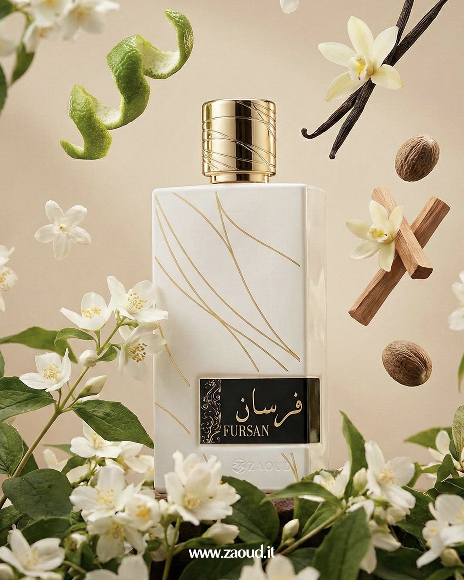 Lattafa_Fursan_White Perfume bottle with floral and vanilla bean elements on a beige background