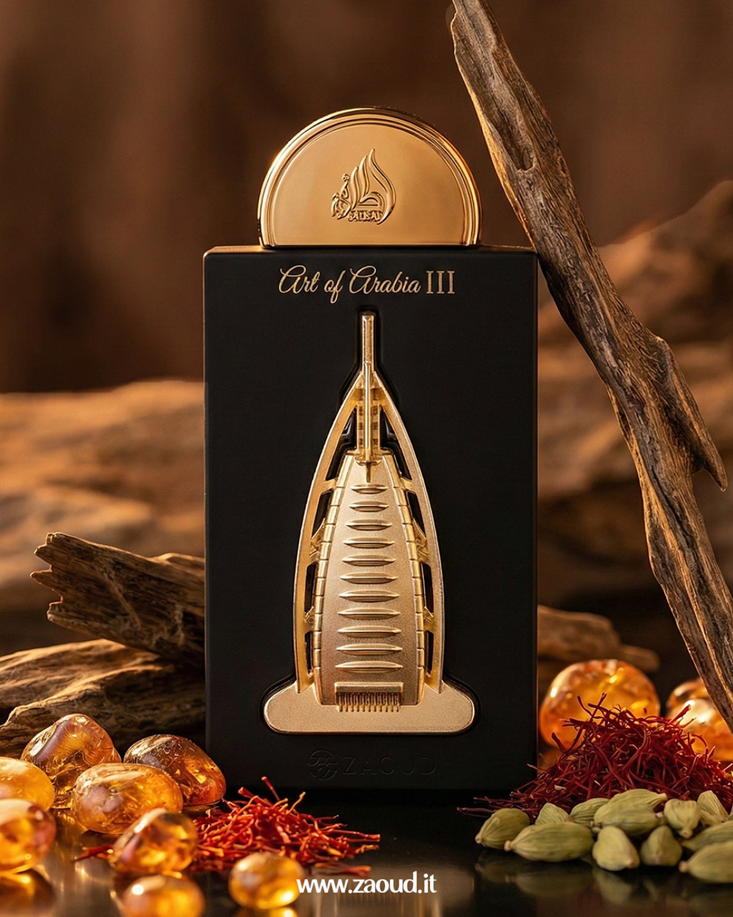 Lattafa art of arabia III Perfume bottle with gold cap and building design on a black box, surrounded by amber stones and saffron.