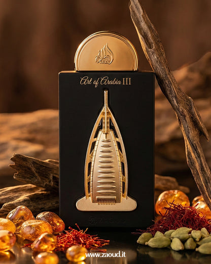 Lattafa art of arabia III Perfume bottle with gold cap and building design on a black box, surrounded by amber stones and saffron.