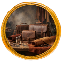 Collection of leather bags and tools in a rustic setting with a yellow border.