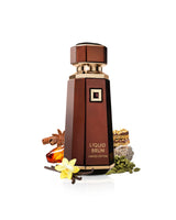 liquid brun extrait limited edition perfume bottle surrounded by fragrance notes like amber and cardamom shows against white background