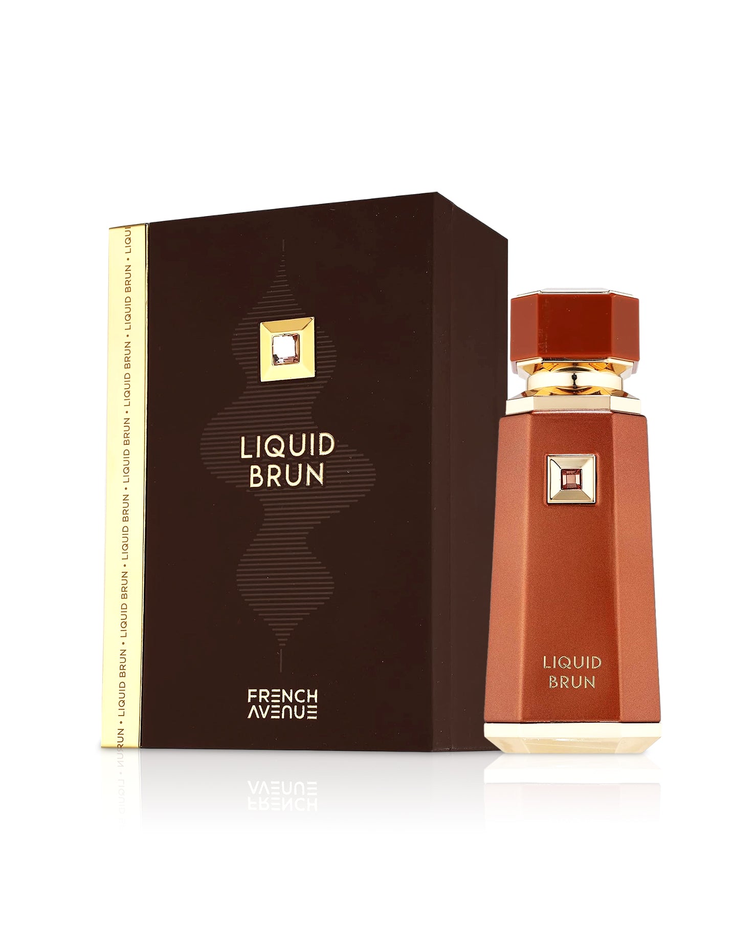 french avenue liquid brun perfume bottle shows beside its box against white background