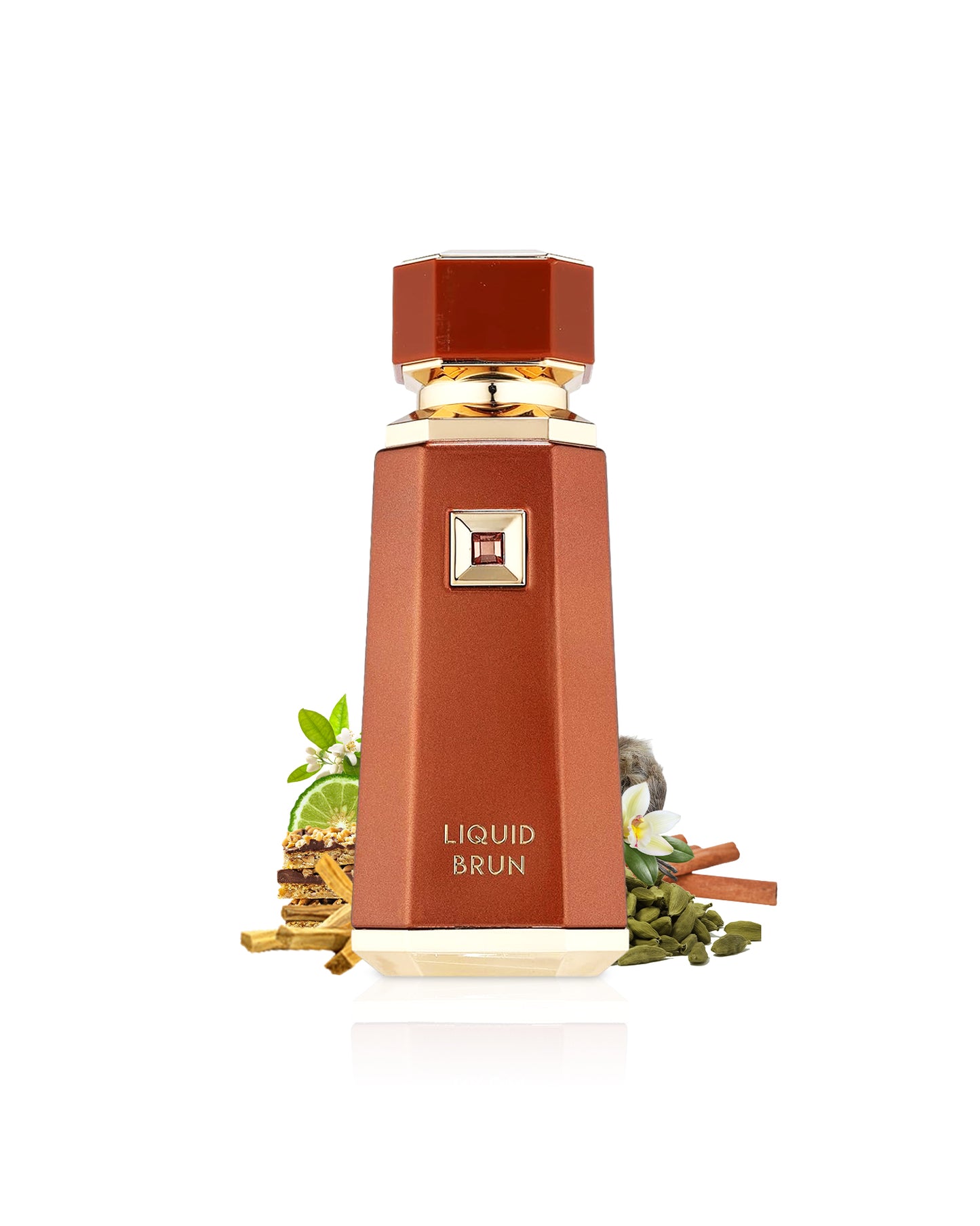 french avenue liquid brun perfume bottle surrounded with fragrance notes like cardamom and jasmine shows from behind the bottle against white background