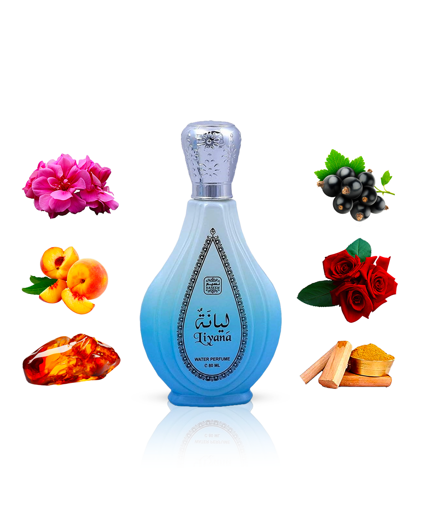 liyana aqua parfum by naseem perfume bottle surrounded with its ingredients like amber and peach with many others shows against white background