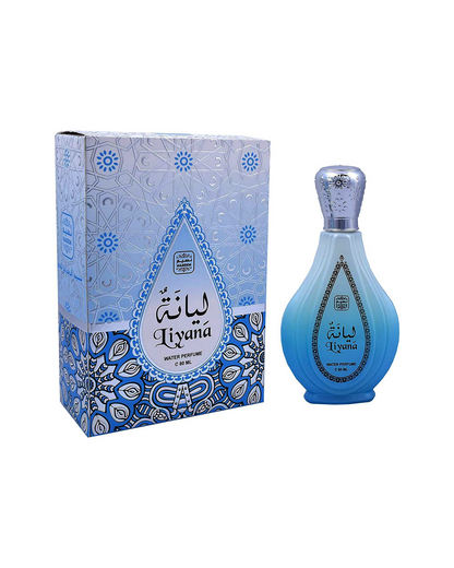 liyana aqua parfum by naseem perfume bottle beside its box shows against white background