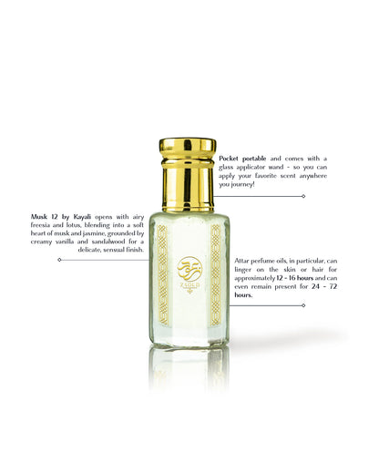 lunar musk perfume oil bottle beside written fragrance informations against white background