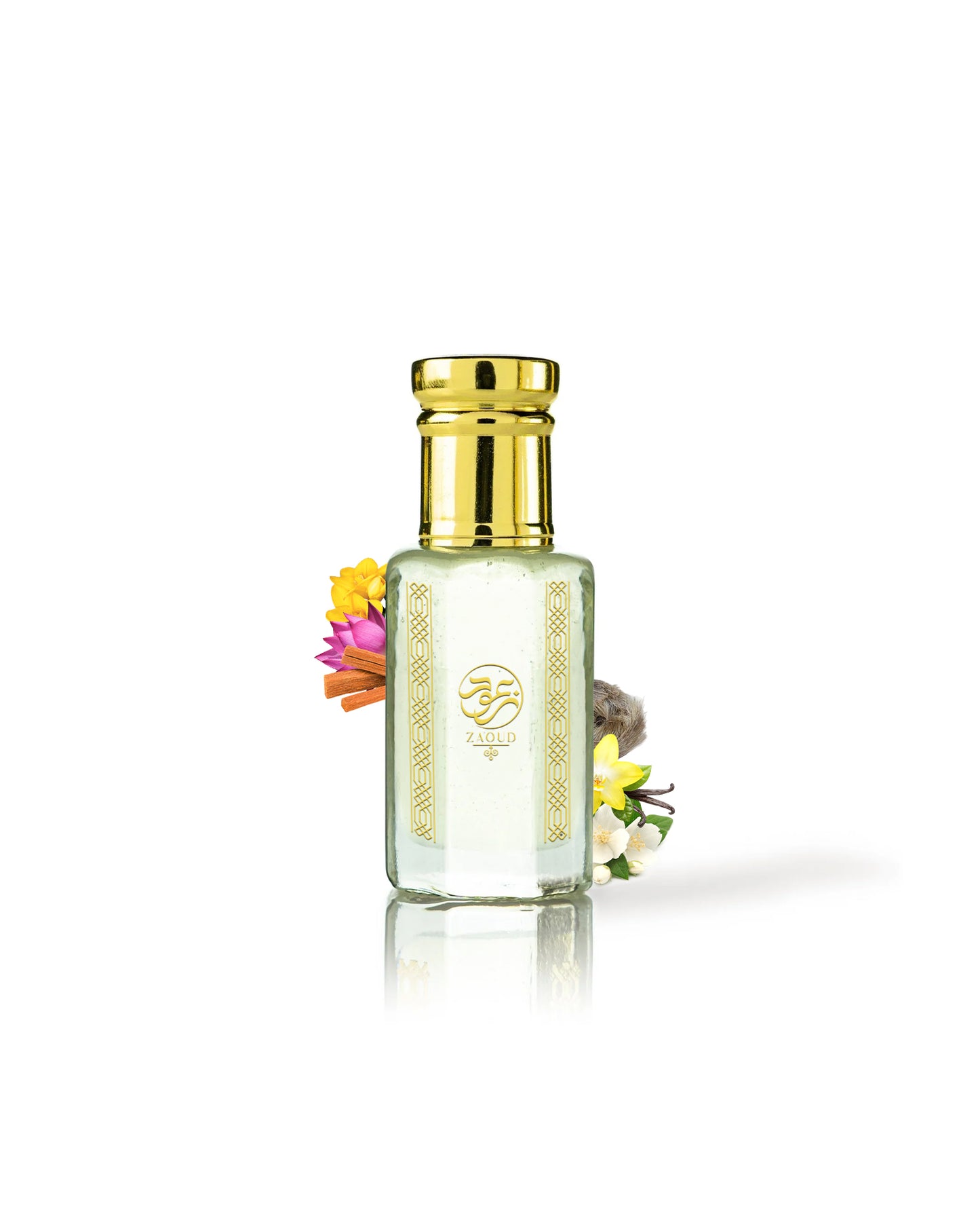 lunar musk perfume oil bottle surrounded by fragrance notes like vanilla and sandalwood shows against white background