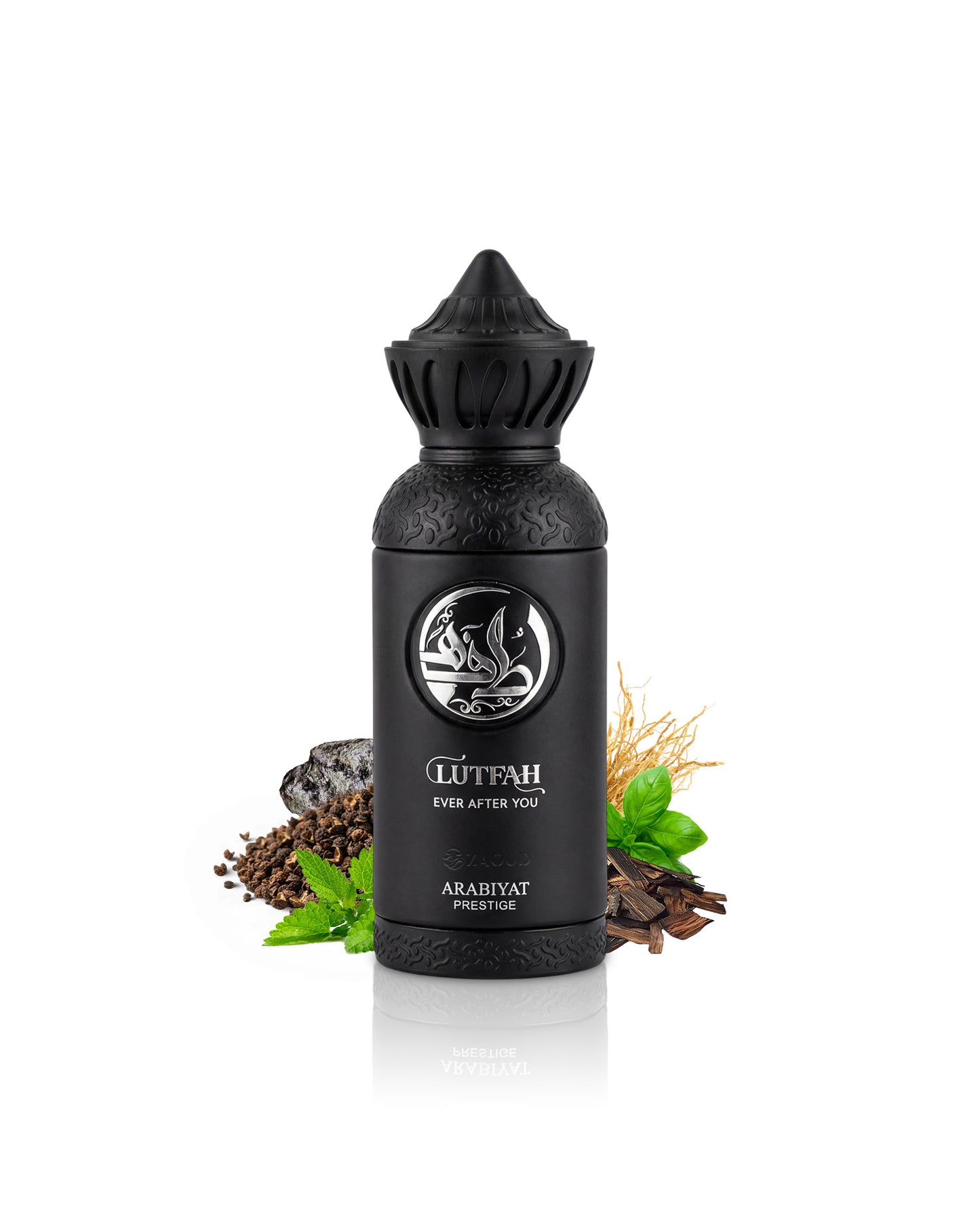 lutfah ever after you perfume bottle surrounded with fragrance notes like basil and wood  shows against white background