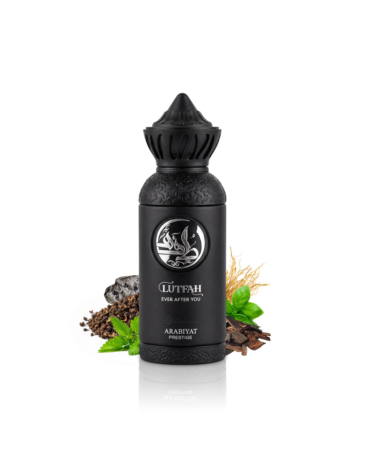 lutfah ever after you perfume bottle surrounded with fragrance notes like basil and wood  shows against white background