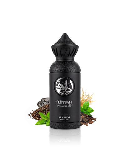 lutfah ever after you perfume bottle surrounded with fragrance notes like basil and wood  shows against white background
