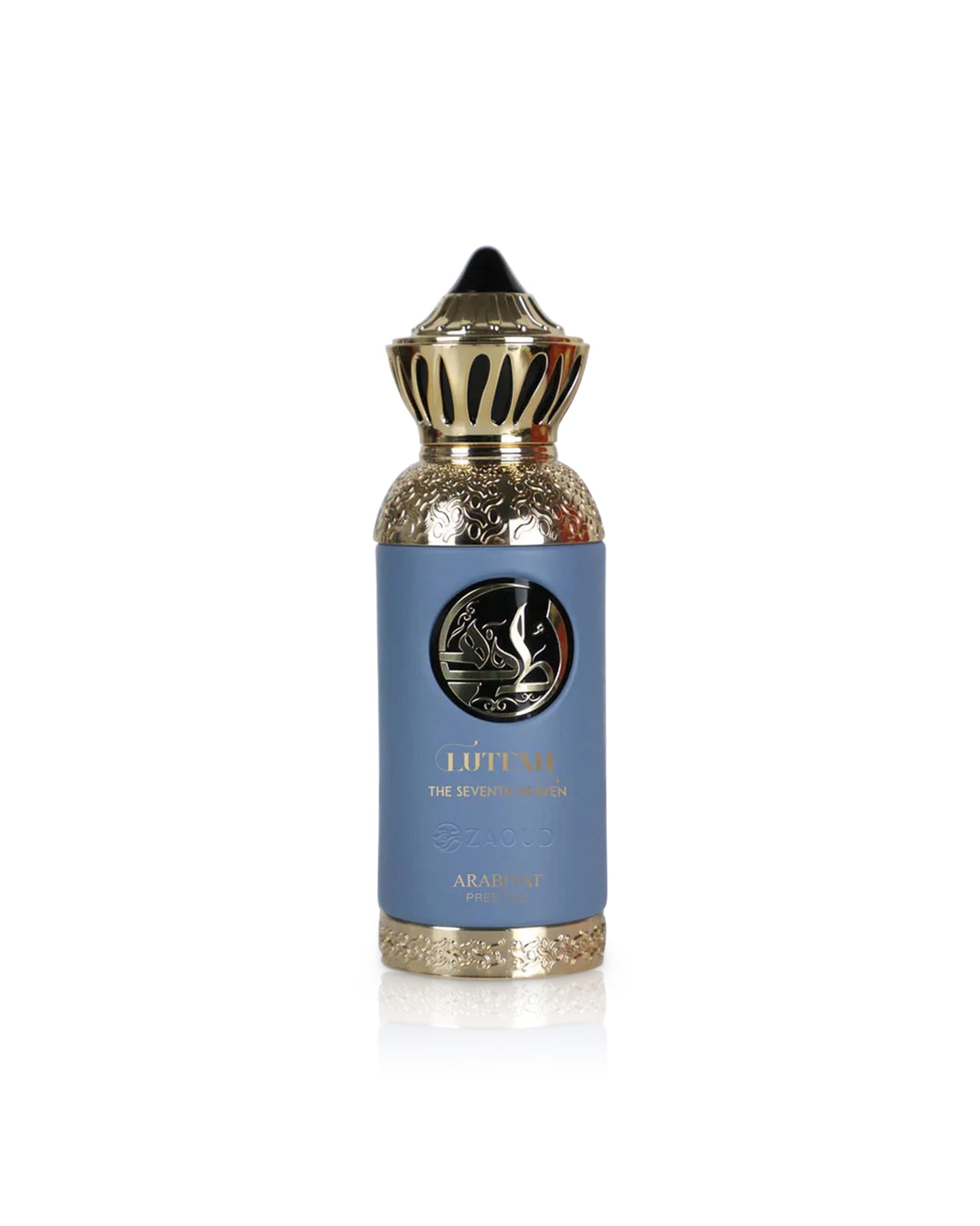 lutfah the seventh heaven blue perfume bottle shows against white background