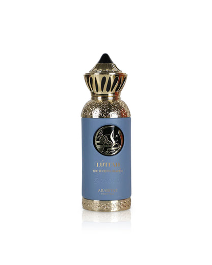 lutfah the seventh heaven blue perfume bottle shows against white background