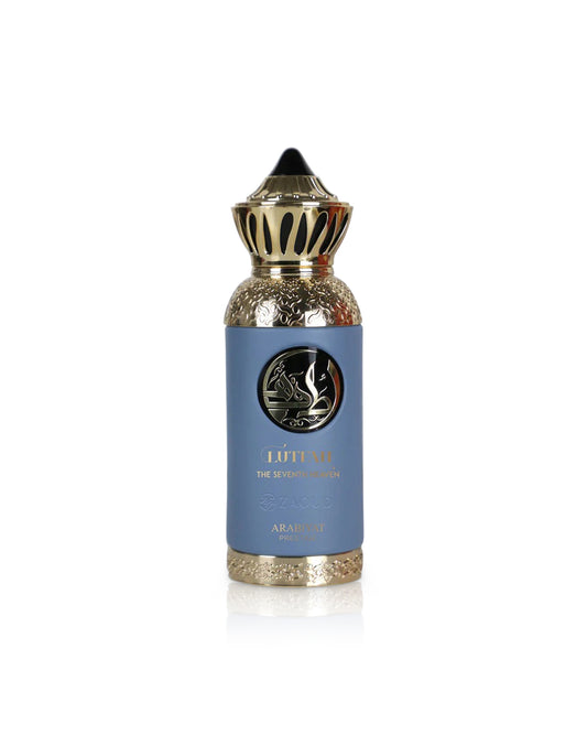 lutfah the seventh heaven blue perfume bottle shows against white background