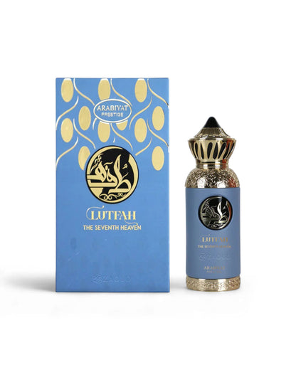 lutfah the seventh heaven blue perfume bottle shows beside packaging against white background