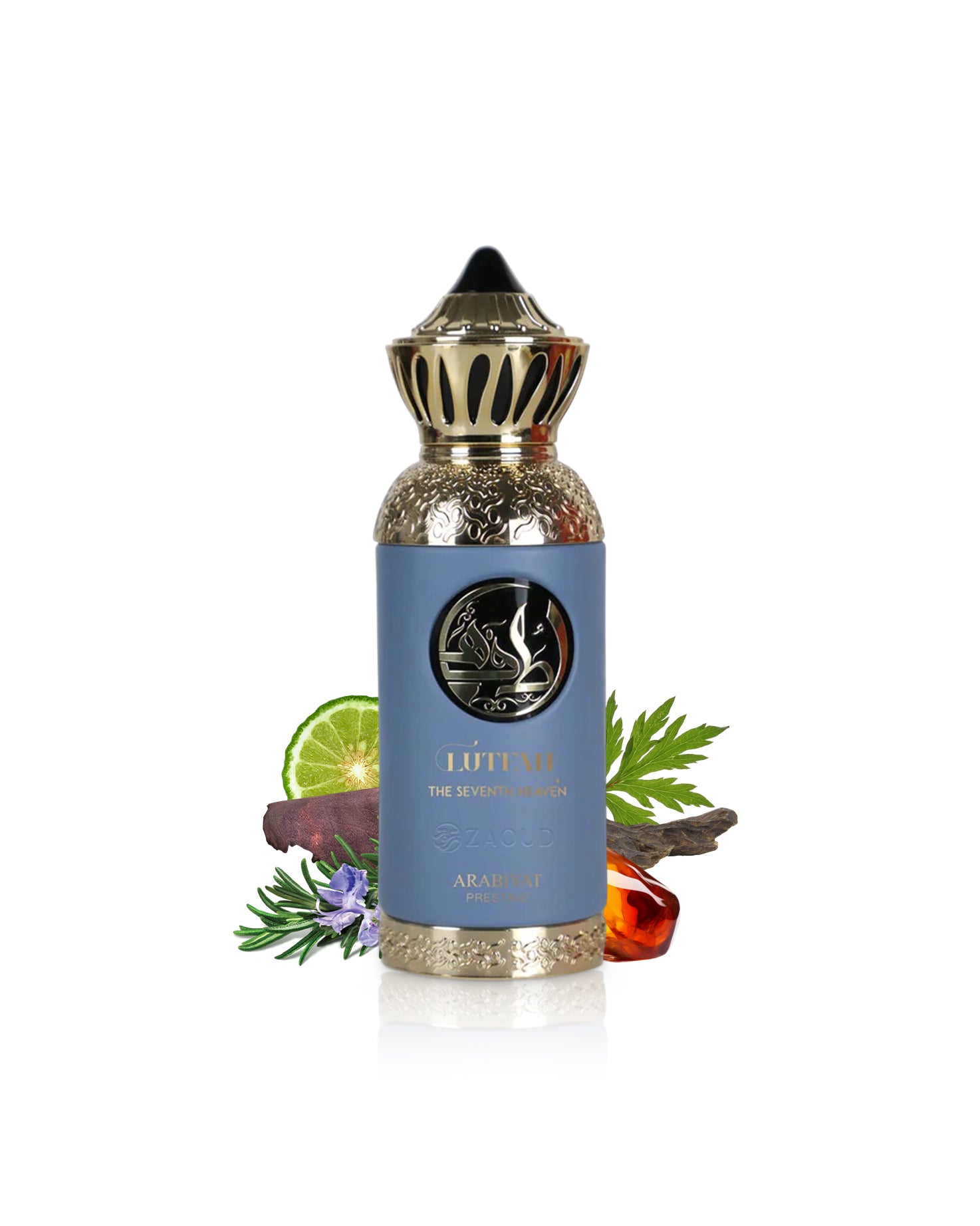 lutfah the seventh heaven blue perfume bottle surrounded by fragrance notes like amber and rosemary shows against white background