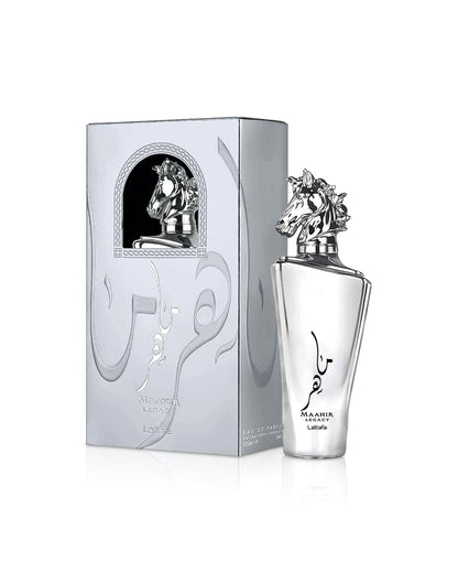 lattafa maahir legacy perfume bottle shows beside its box  against white background