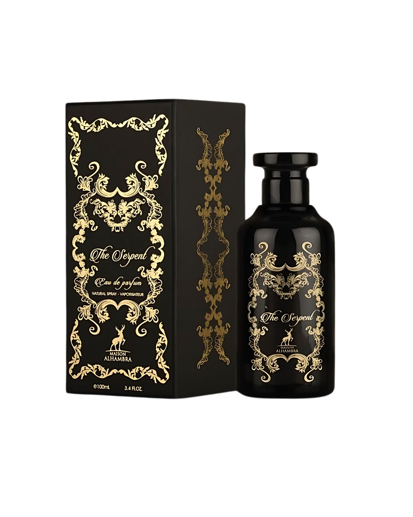 MAISON ALHAMBRA THE SERPENT PERFUME BOTTLE AND BOX AGAINST WHITE BACKGROUND