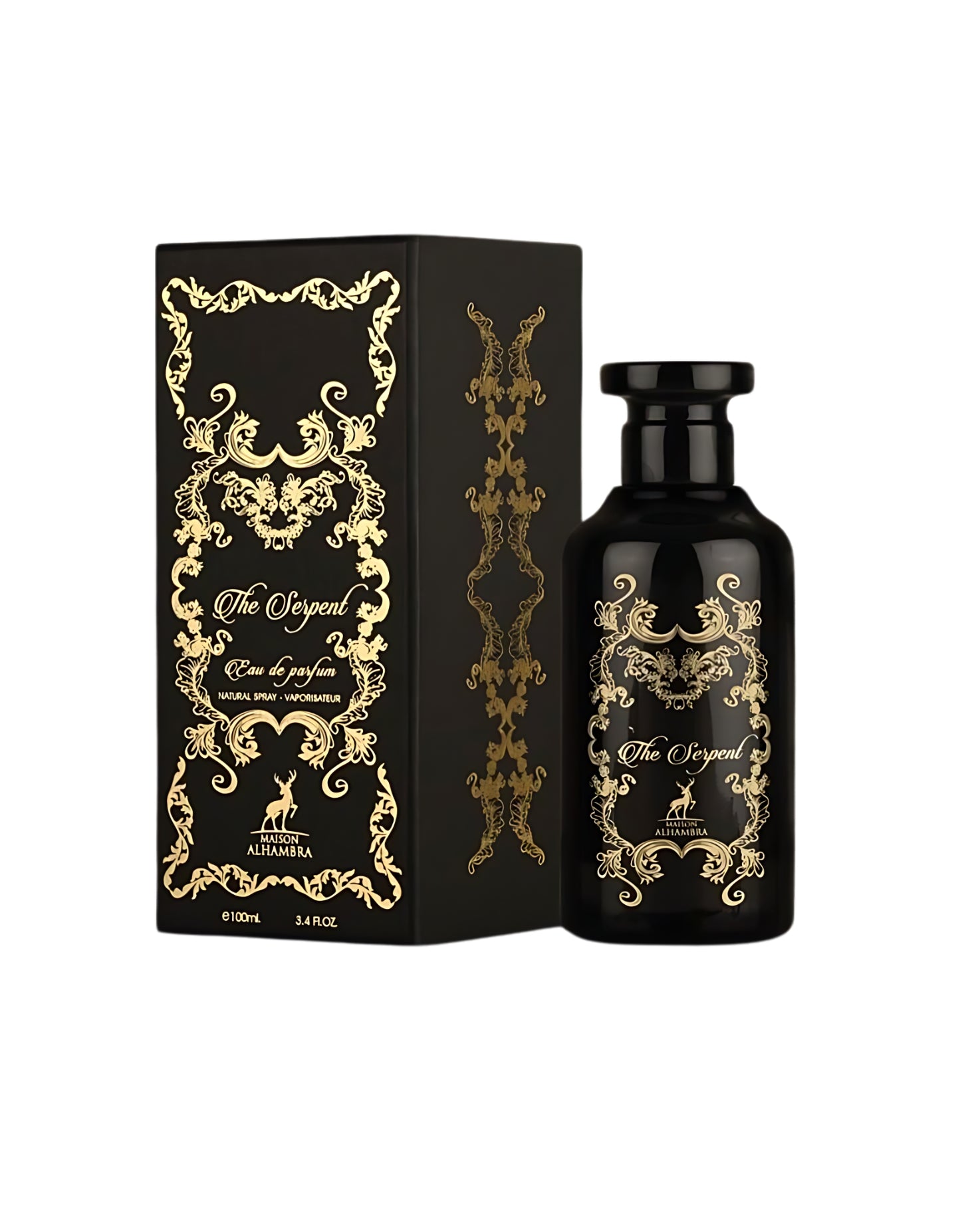 MAISON ALHAMBRA THE SERPENT PERFUME BOTTLE AND BOX AGAINST WHITE BACKGROUND