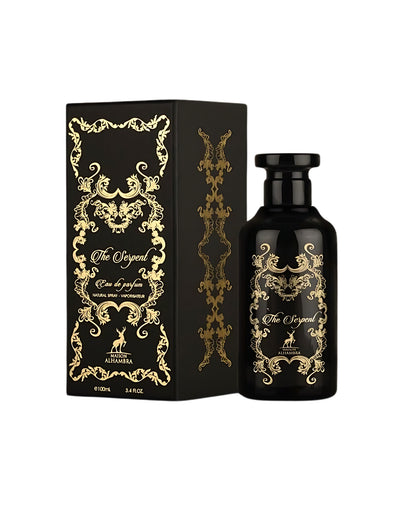 MAISON ALHAMBRA THE SERPENT PERFUME BOTTLE AND BOX AGAINST WHITE BACKGROUND