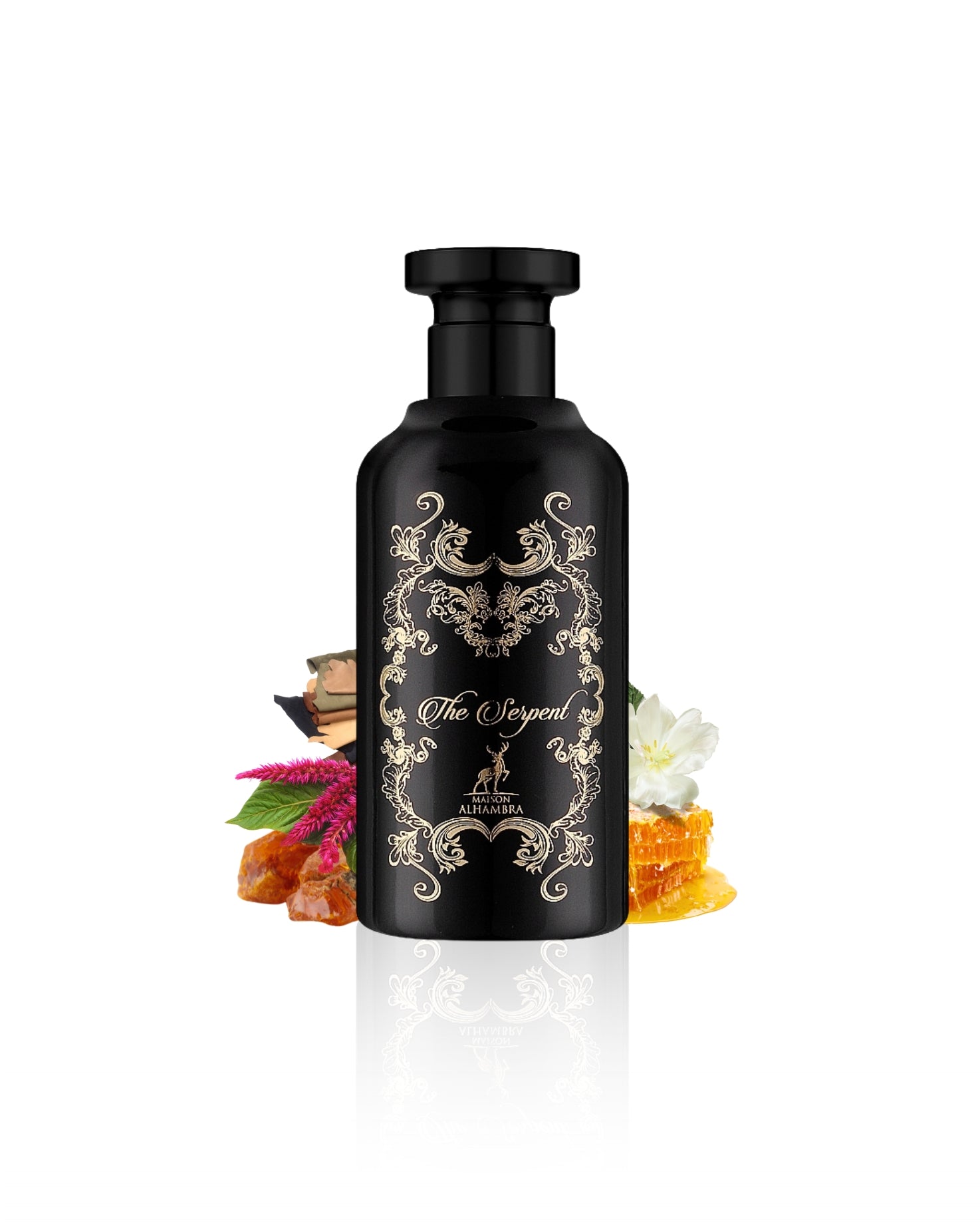 MAISON ALHAMBRA THE SERPENT PERFUME BOTTLE surrounded by amber AGAINST WHITE BACKGROUND