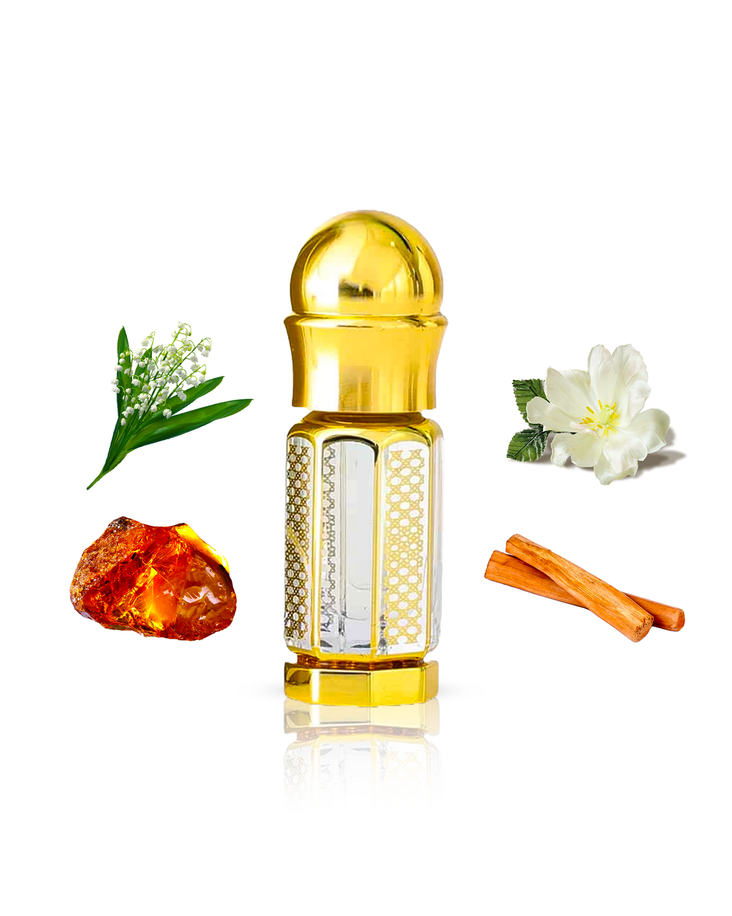 MASAKALI perfume oil golden bottle surrounded with its ingredients like amber and sandalwood with many others shows against white background