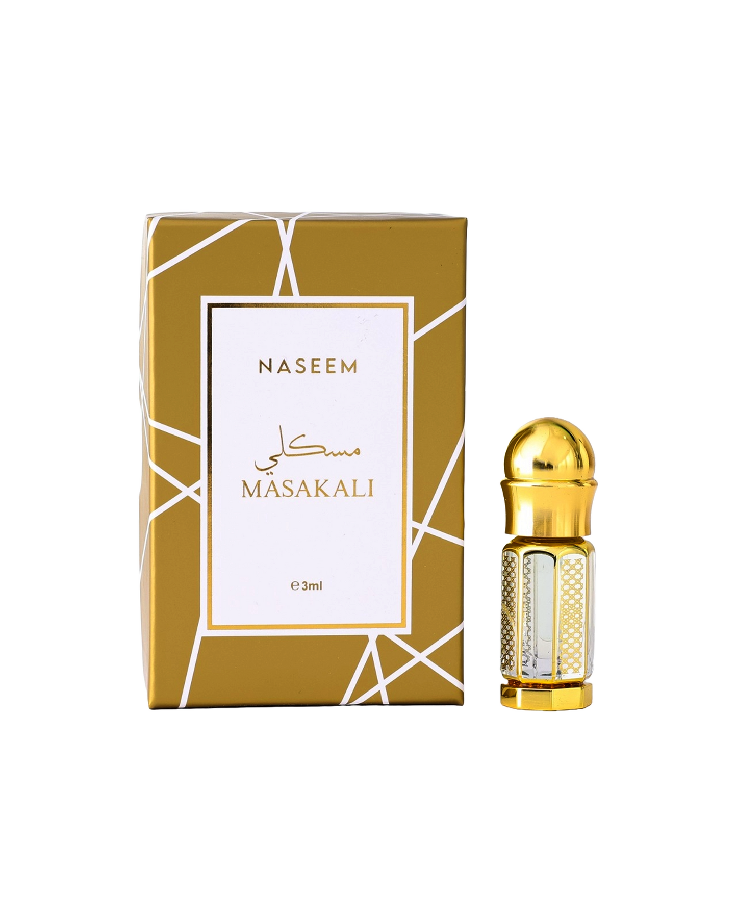 MASAKALI perfume oil golden bottle beside its box shows against white background