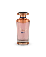 lattafa mayar Perfume bottle with rose gold cap and body on a white background