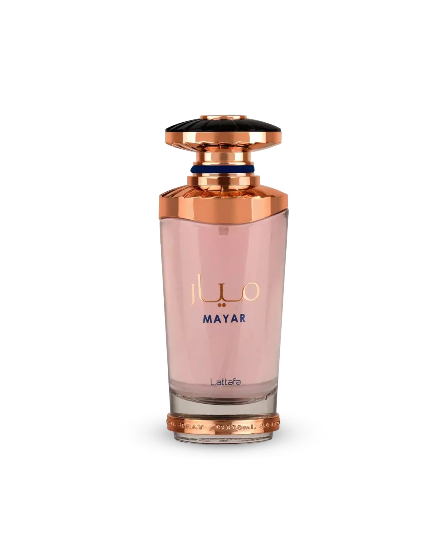 lattafa mayar Perfume bottle with rose gold cap and body on a white background