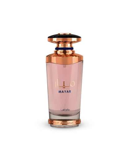 lattafa mayar Perfume bottle with rose gold cap and body on a white background