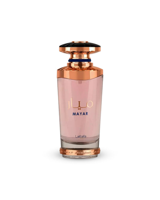 lattafa mayar Perfume bottle with rose gold cap and body on a white background