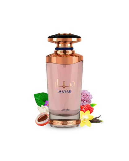 mayar eau de parfum by lattafa perfume bottle surrounded with its ingredients like litchie and vanilla with many others shows from behind the bottle against white background