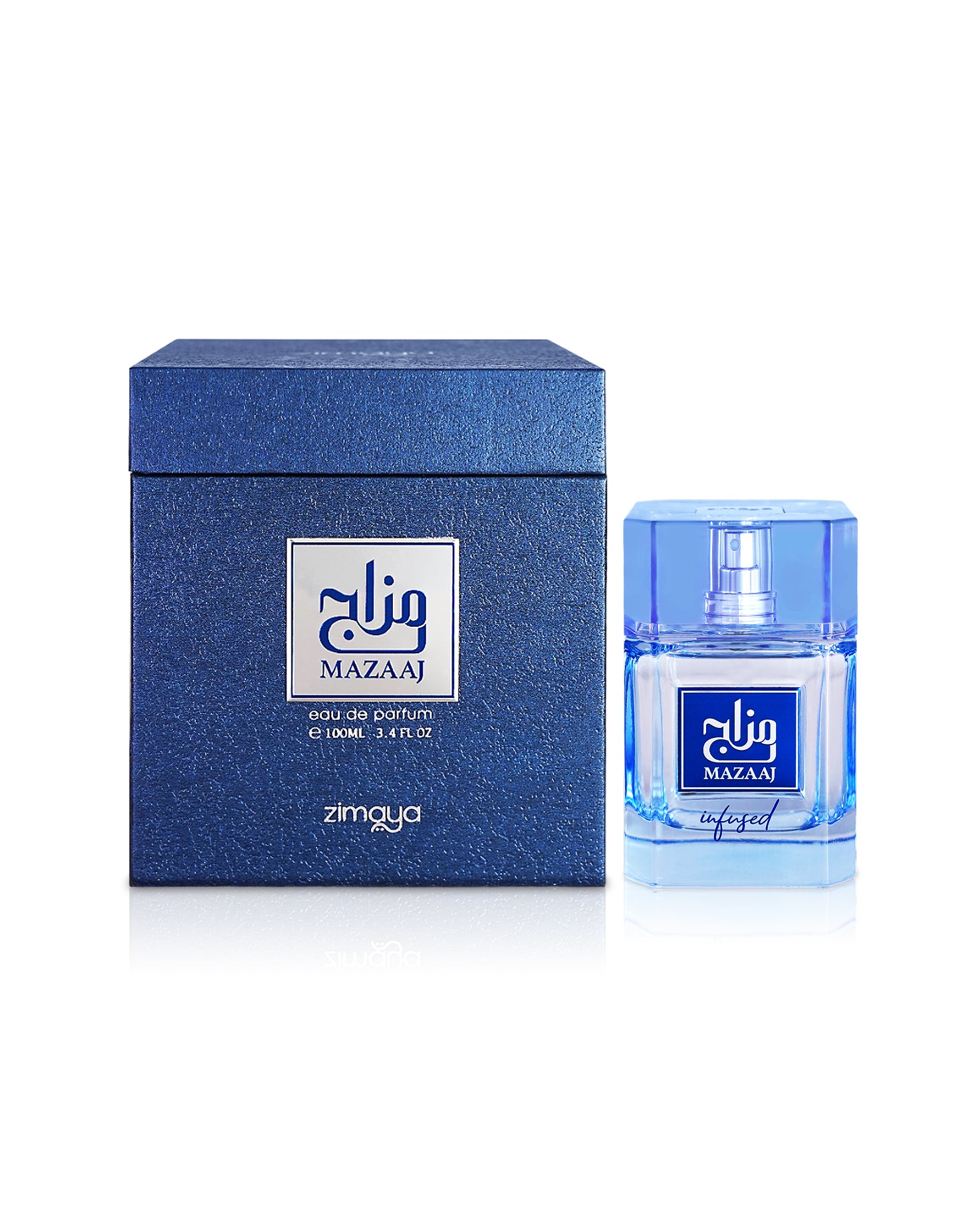 zimaya mazaaj infused perfume bottle shows beside its box against white background