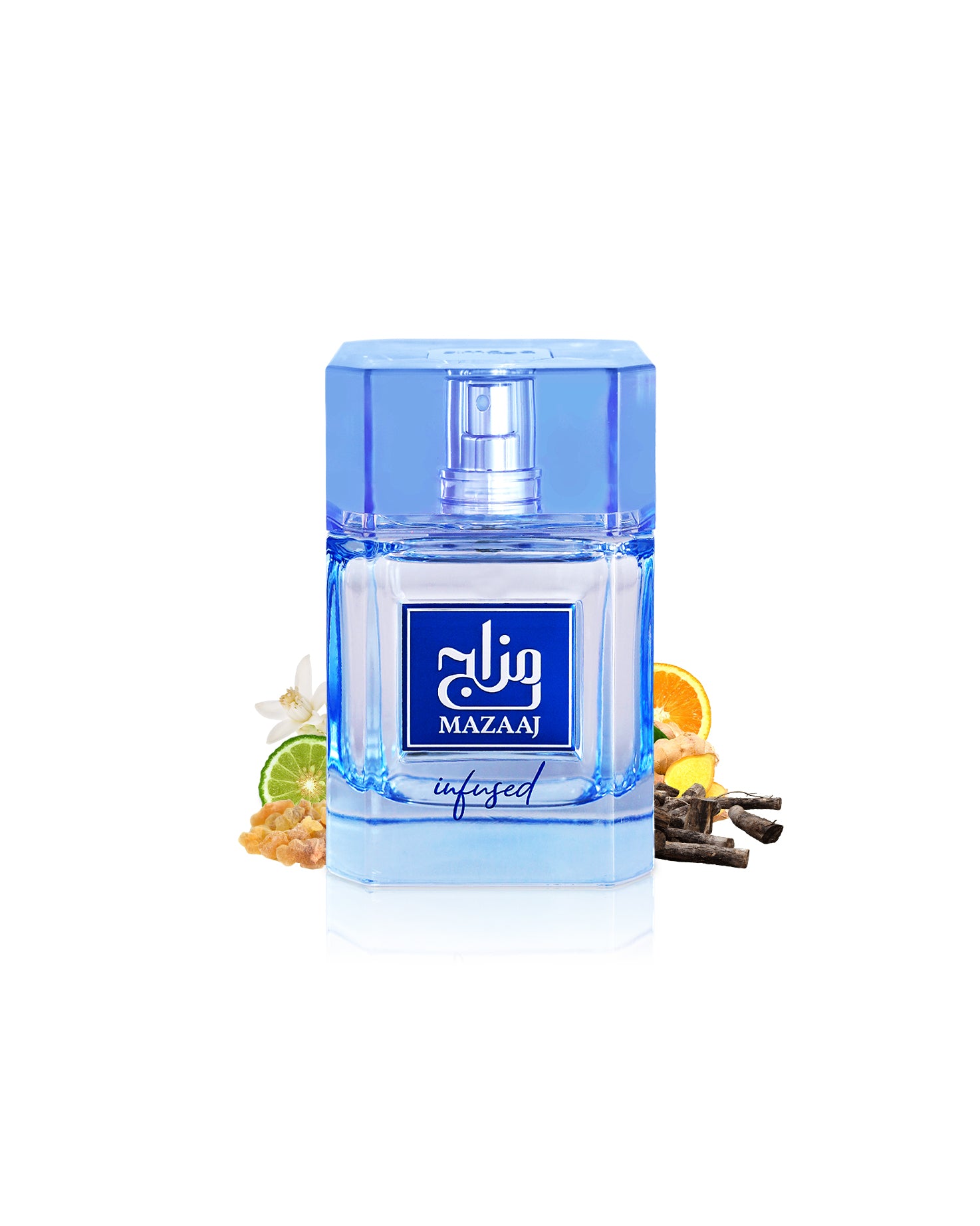 zimaya mazaaj infused perfume bottle surrounded with fragrance notes like ginger and bergamot shows against white background