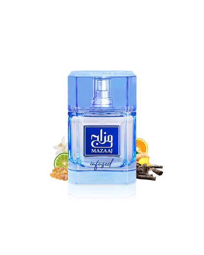 zimaya mazaaj infused perfume bottle surrounded with fragrance notes like ginger and bergamot shows against white background