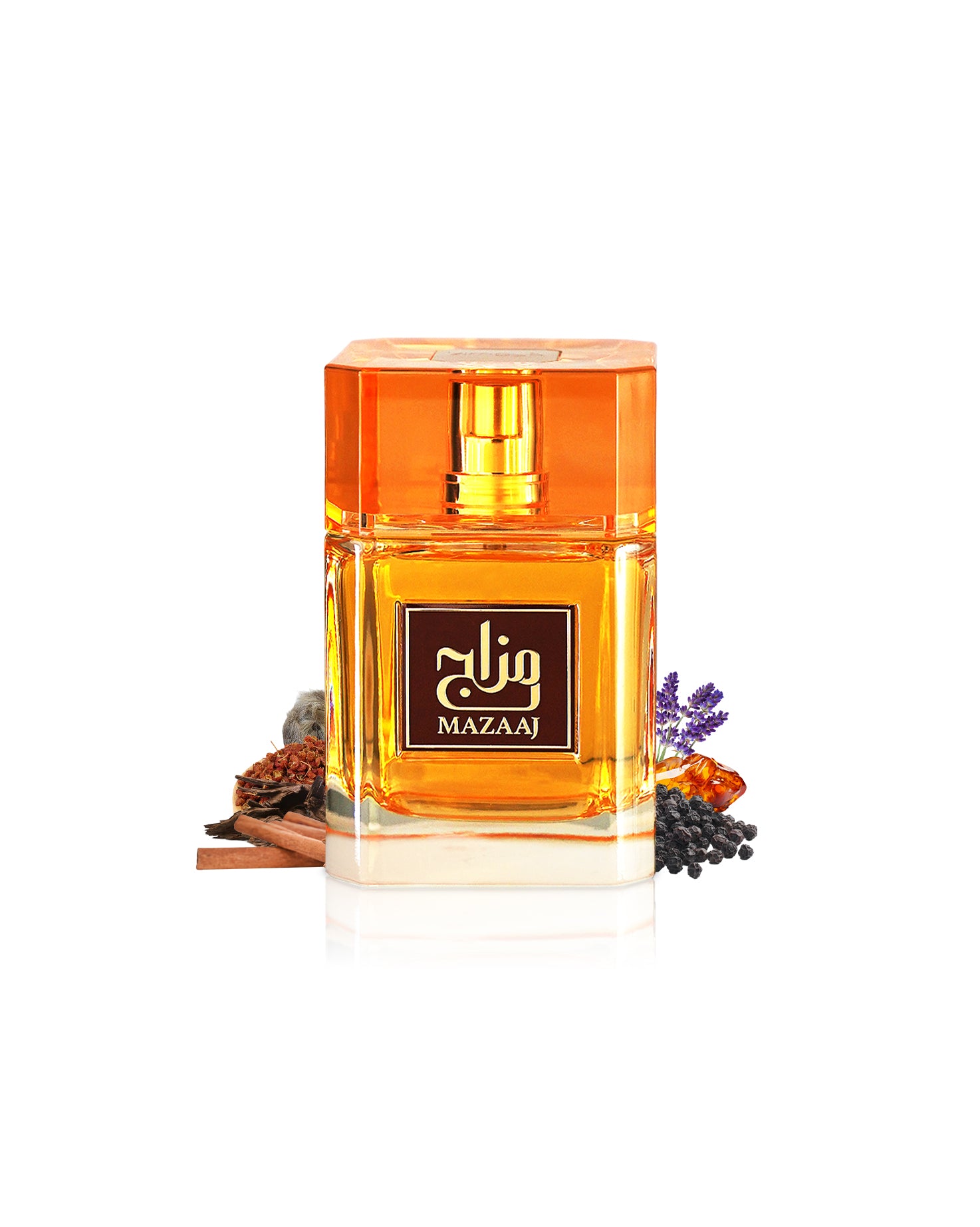 zimaya mazaaj perfume bottle surrounded with fragrance notes like cinnamon and amber shows from behind the bottle against white background