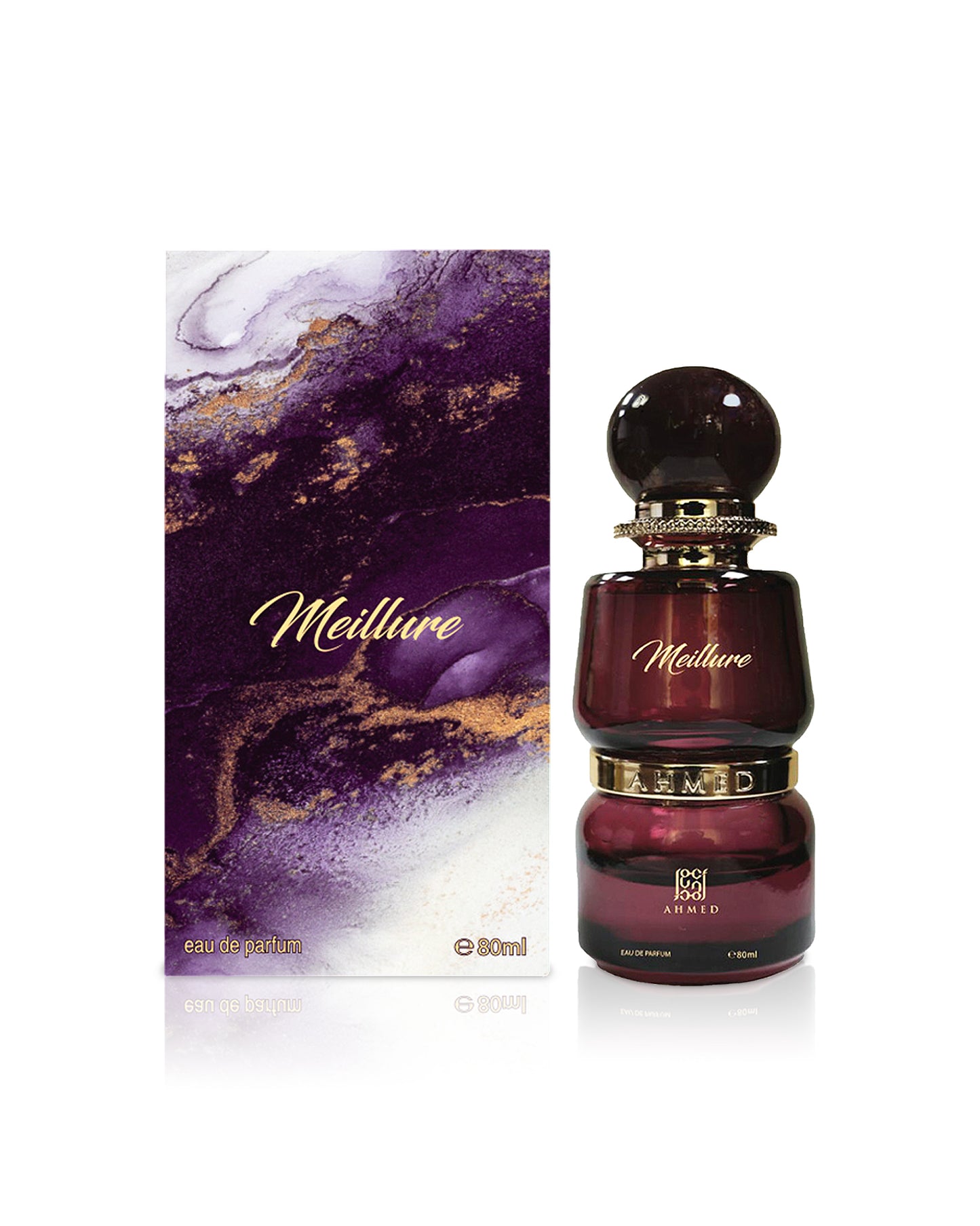 ahmed al maghribi meillure perfume bottle shows with its box against white background