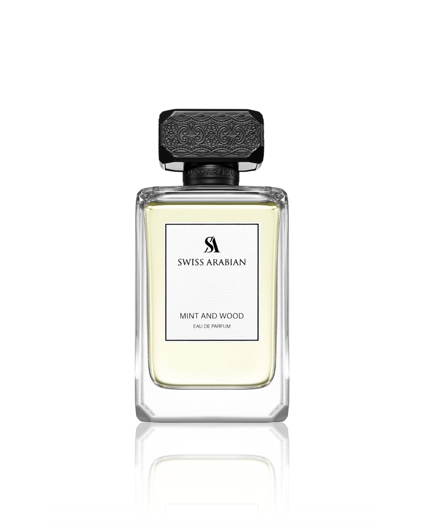 Swiss Arabian Mint and Wood perfume bottle on a white background