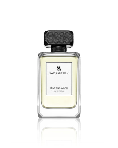 Swiss Arabian Mint and Wood perfume bottle on a white background