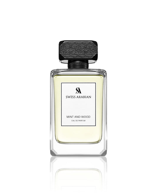 Swiss Arabian Mint and Wood perfume bottle on a white background