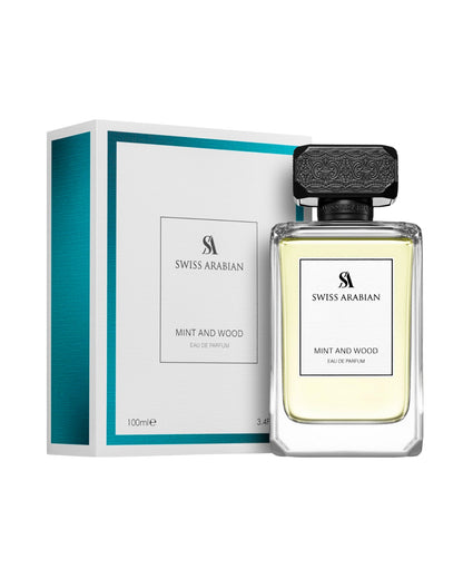 Swiss Arabian Mint and Wood perfume bottle and packaging on a white background