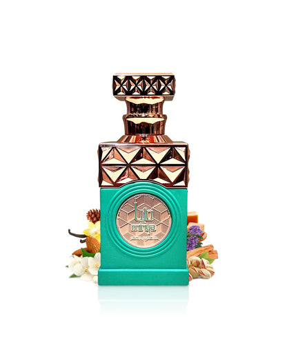 paris corner minya perfume bottle surrounded with fragrance notes like pistachio and vanilla shows from behind the bottle against white background