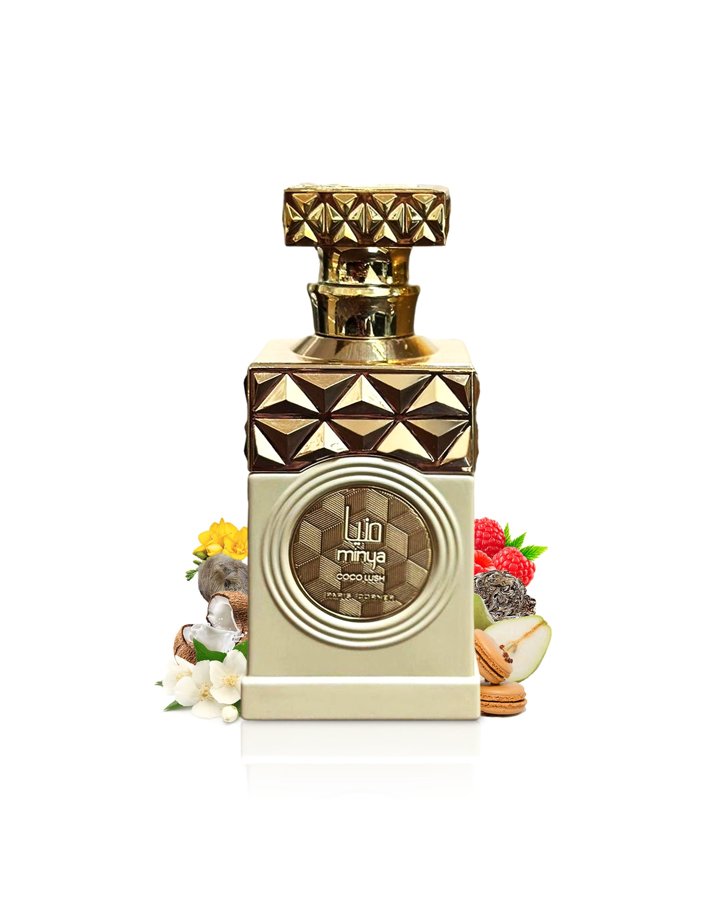 paris corner minya coco lush perfume bottle surrounded with fragrance notes like coconut and macaron shows from behind the bottle against white background