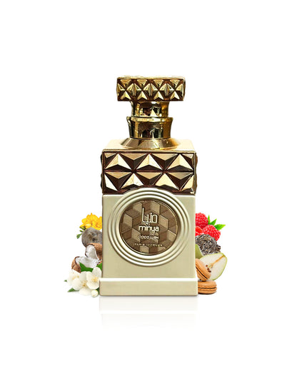 paris corner minya coco lush perfume bottle surrounded with fragrance notes like coconut and macaron shows from behind the bottle against white background