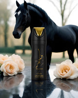 Maahir deodorant bottle photograph besides rose and a black horse behind
