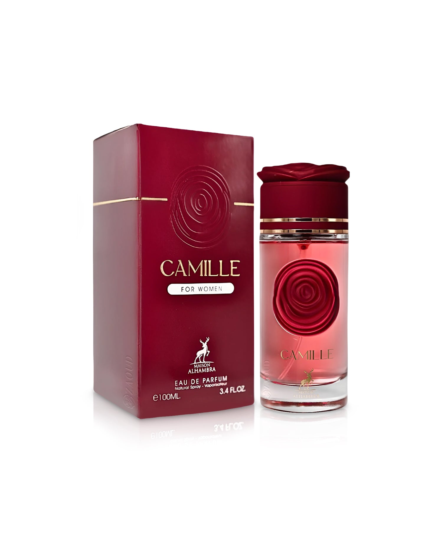 maison Alhambra camille perfume bottle shows beside its box against white background