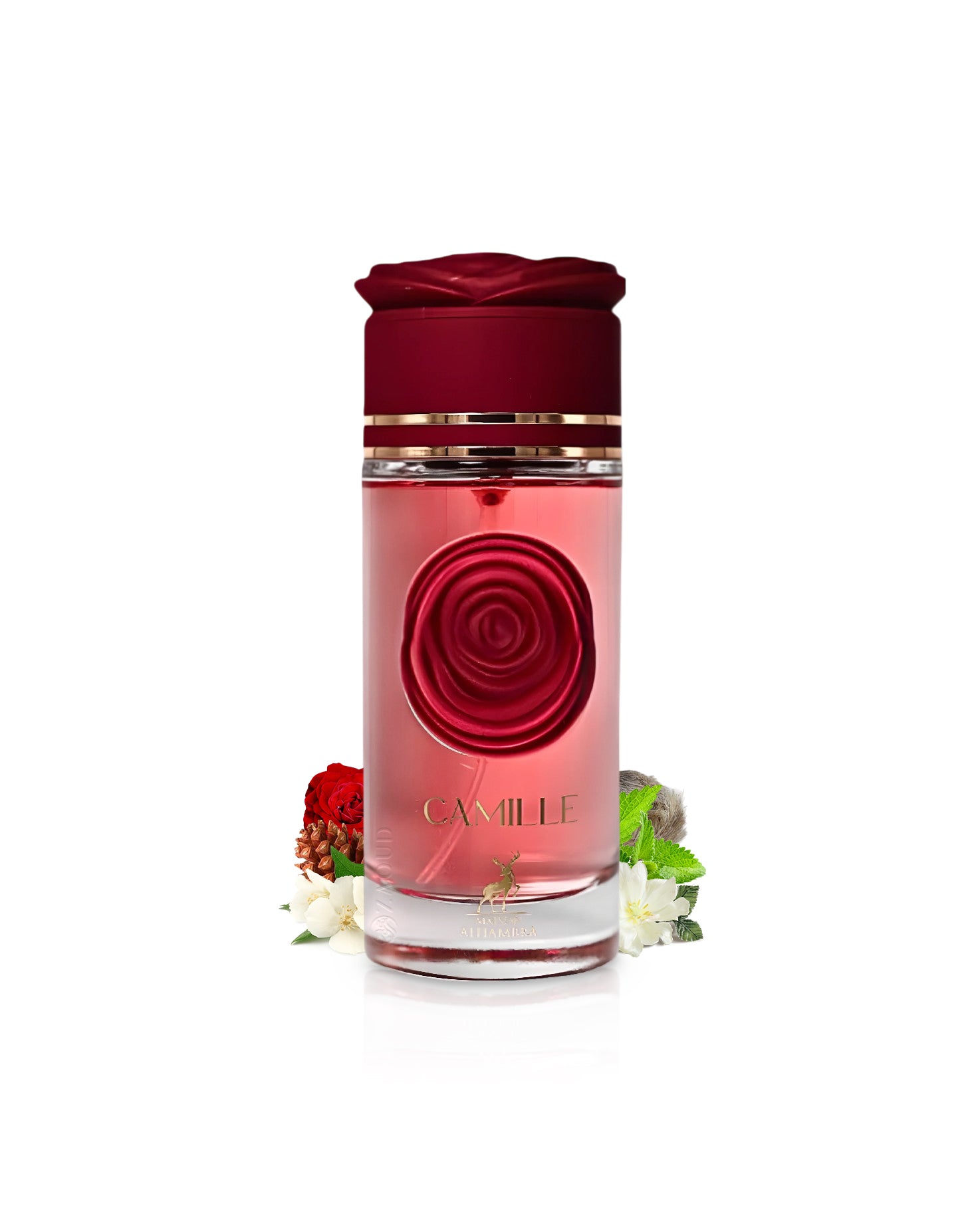 maison Alhambra camille perfume bottle  surrounded by fragrance notes like rose and patchouli shows against white background