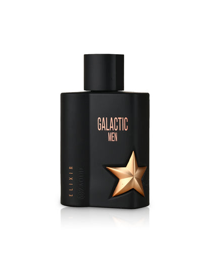 MAISON ALHAMBRA GALACTIC MEN ELIXIR Black perfume bottle labeled 'Galactic Men' with a gold star on a white background