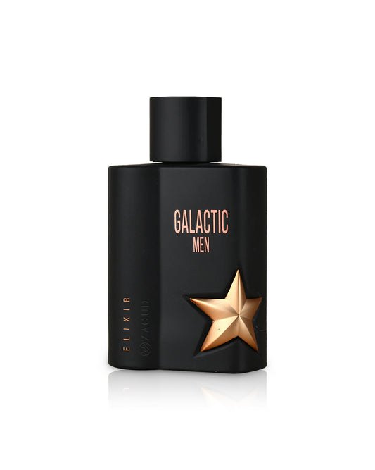 MAISON ALHAMBRA GALACTIC MEN ELIXIR Black perfume bottle labeled 'Galactic Men' with a gold star on a white background