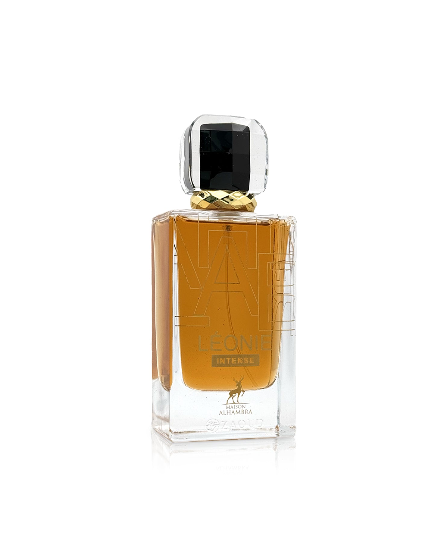 Maison alhambra leonie intense Perfume bottle with gold cap on a white background