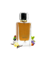 Maison alhambra leonie intense Perfume bottle with decorative elements like vanilla and lavender on a white background